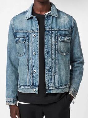 Allsaints blue distressed button down Dunmore trucker denim jacket Men’s sz M